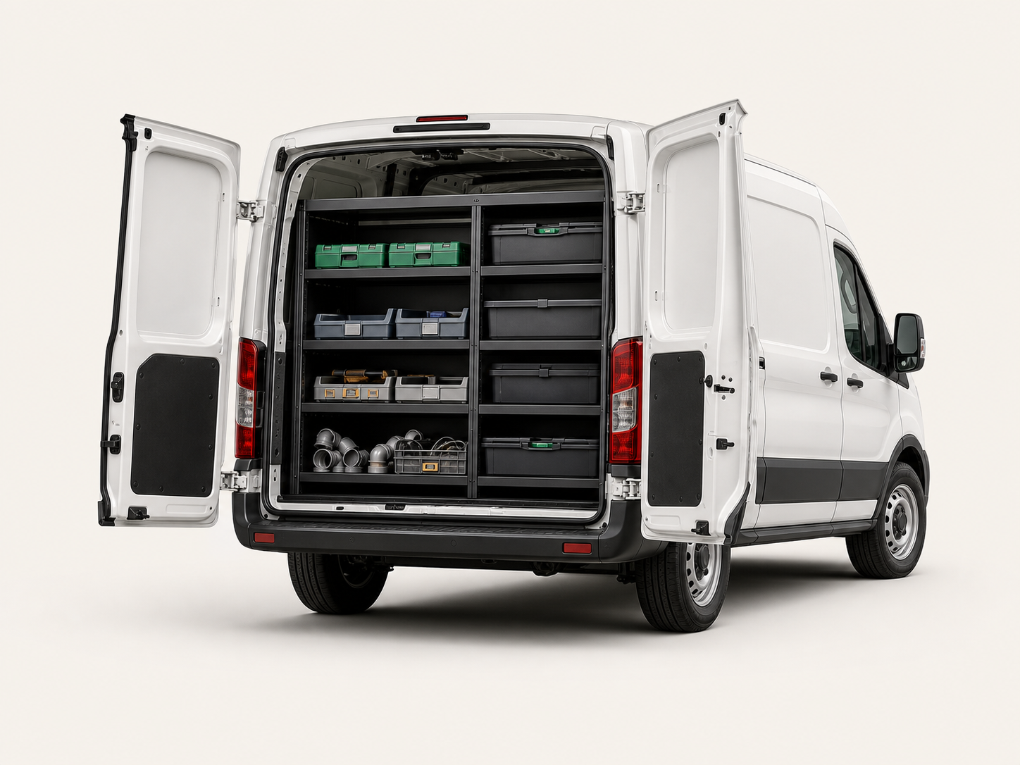 White trades van with organised rear storage